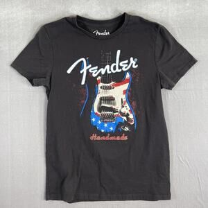 Fender T Shirt Mens Medium Black Electric Guitar Handmade American Flag USA Logo